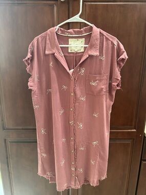 Umgee Dusty Rose Linen Shirt Dress with Frayed Hem